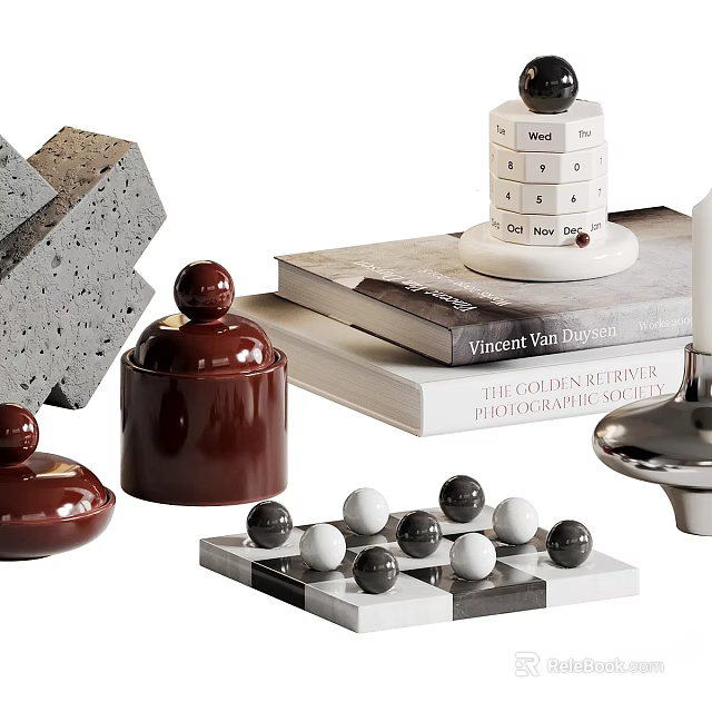 Decorative Ornament Set with Brown Ceramic Jars Gray Blocks White Tower Books and Chess Pieces 3d model 