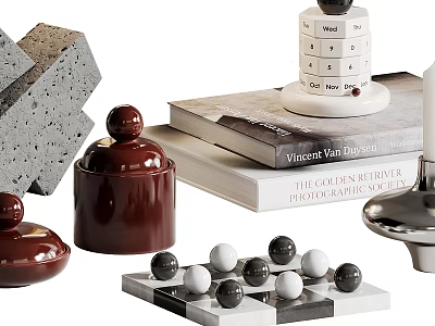 Decorative Ornament Set with Brown Ceramic Jars Gray Blocks White Tower Books and Chess Pieces 3d model