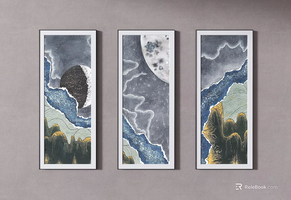 Three Panel Chinese Style Decorative Wall Art With Moon Mountain And Cloud Landscape 3d model