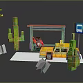Toy Block Scene With Cacti Bus Stop Shelter Yellow Taxi And Figure