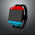 Modern Smartwatch with Red Top White Cross Blue Bottom Black Strap and Square Screen