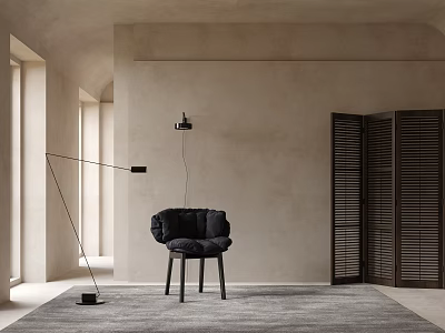Black Lounge Chair With Wooden Legs Floor Lamp And Gray Rug In Modern Minimalist Interior 3d model