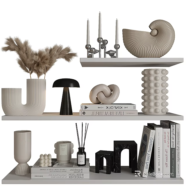 Modern Decorative Ornaments Arrangement on Shelf with Vase Books Sculpture and Pampas Grass 3d model 