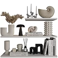 Modern Decorative Ornaments Arrangement on Shelf with Vase Books Sculpture and Pampas Grass