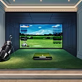 Indoor Golf Simulator Room With Green Turf Putting Mat And Golf Bag