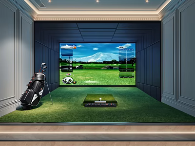Indoor Golf Simulator Room With Green Turf Putting Mat And Golf Bag 3d model