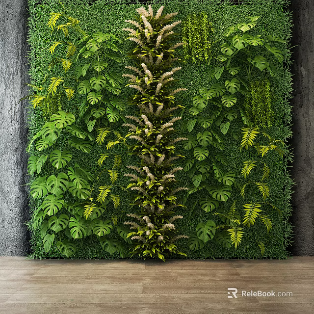 Lush Living Plant Wall With Various Green Foliage Against Gray Concrete Background 3d model 