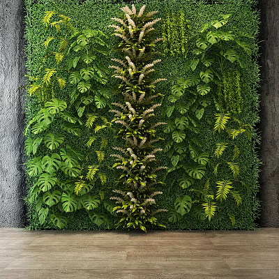 Lush Living Plant Wall With Various Green Foliage Against Gray Concrete Background 3d model