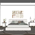 Modern Minimalist Bedroom Interior With Decorative Paintings Soft Bed Nightstand Lamp And Cozy Rug