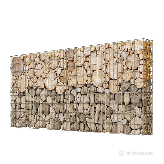 Natural Wooden And Stone Partition With Wire Mesh Frame For Interior Decor 3d model 