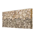 Natural Wooden And Stone Partition With Wire Mesh Frame For Interior Decor