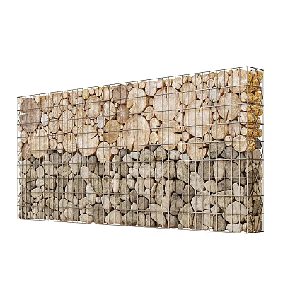 Natural Wooden And Stone Partition With Wire Mesh Frame For Interior Decor 3d model