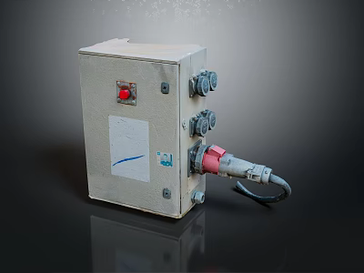Industrial Electrical Control Box With Metal Enclosure Red Button And Cables 3d model