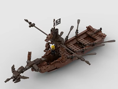 Building Blocks Pirate Ship Model With Wooden Style Oars Flag And Minifigure 3d model