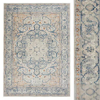 Square Rug With Traditional Pattern Blue Beige Orange Colors For Living Room Decor 3d model