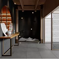 Traditional Tea House Interior With Wooden Shelves And Tea Sets