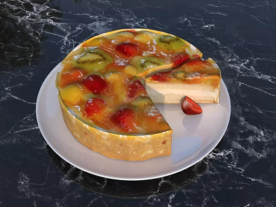 Homemade Fresh Fruit Cake With Assorted Fruits Jelly Topping Cream Layer Sliced On White Plate 3d model