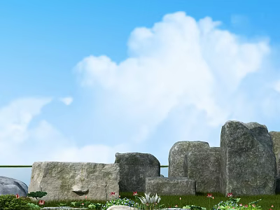 Natural Stone and Wood Structure with Blue Sky White Clouds Green Grass and Small Flowers 3d model