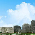 Natural Stone and Wood Structure with Blue Sky White Clouds Green Grass and Small Flowers