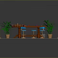 Casino Entertainment Table with Green Surface Blue Stools Red Carpet Gold Patterns and Green Plants