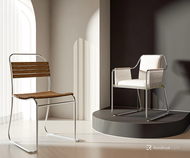 Modern Leisure Chairs With Wooden Seat Metal Frame And White Cushion On Display Platform 3d model 