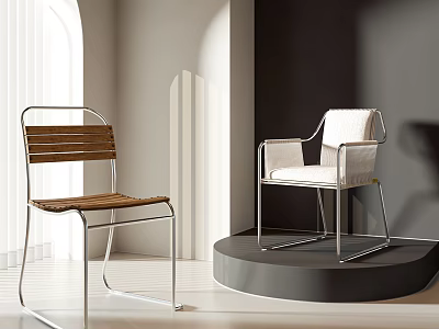 Modern Leisure Chairs With Wooden Seat Metal Frame And White Cushion On Display Platform 3d model