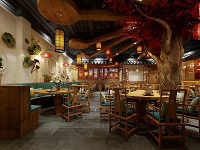 New Chinese Restaurant Nongjiale Restaurant Solid Wood Dining Table and Chair Lantern Lotus 3d model