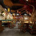 Traditional Chinese Restaurant Interior With Wooden Structures Lanterns Red Tree Booths And Tables