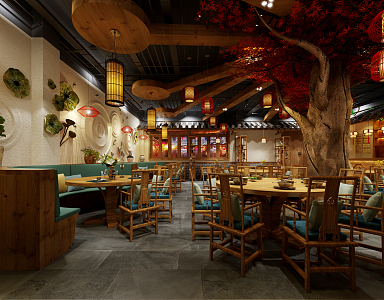 New Chinese Restaurant Nongjiale Restaurant Solid Wood Dining Table and Chair Lantern Lotus 3d model