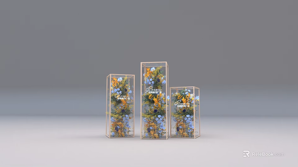 Commercial Transparent Glass Display Cases With Fresh Flowers And Garden Series Labels 3d model 