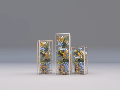 Commercial Transparent Glass Display Cases With Fresh Flowers And Garden Series Labels 3d model