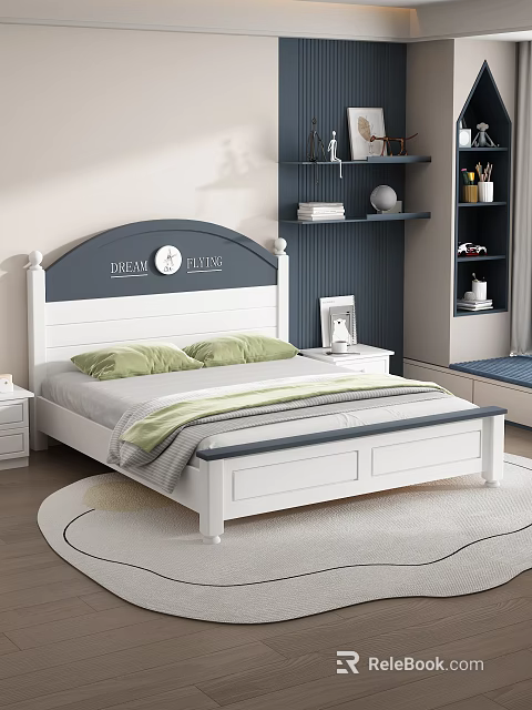 Modern Kids Bed with Blue White Headboard Dream Fulfill Clock and Nightstand 3d model 