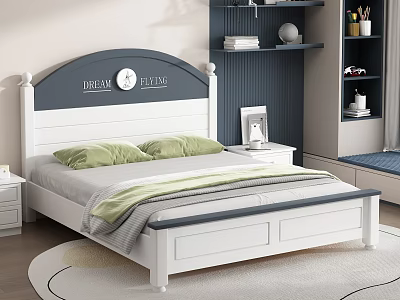 Modern Kids Bed with Blue White Headboard Dream Fulfill Clock and Nightstand 3d model