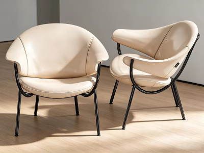 Modern Beige Leather Armchairs With Black Metal Frame And Wooden Floor 3d model