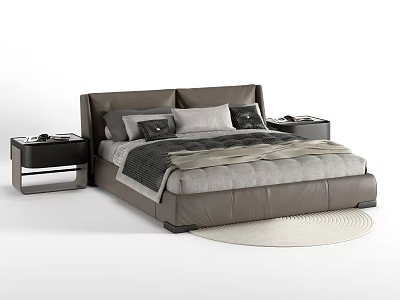 Modern Leather Double Bed Frame With Dark Headboard Nightstands Pillows And Round Rug 3d model