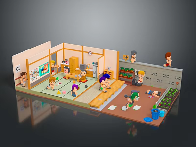 Colorful Cartoon Indoor Scene Featuring Multiple Characters Interacting Around Tables Drawing Boards And Plant Areas 3d model