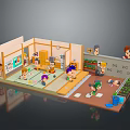 Colorful Cartoon Indoor Scene Featuring Multiple Characters Interacting Around Tables Drawing Boards And Plant Areas