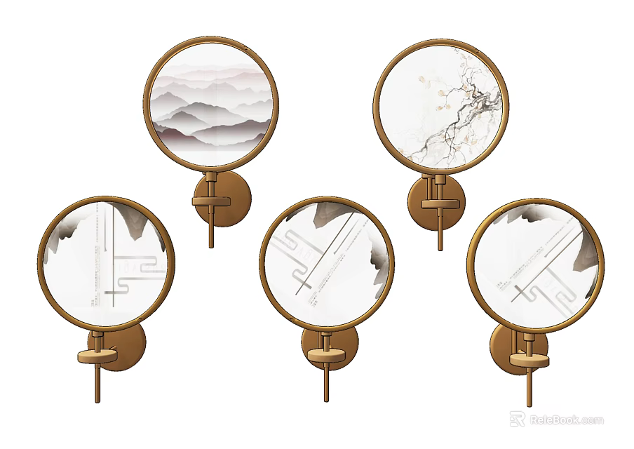 Modern Round Wall Lamps With Gold Frame And Chinese Pattern Design For Interior Decor 3d model 