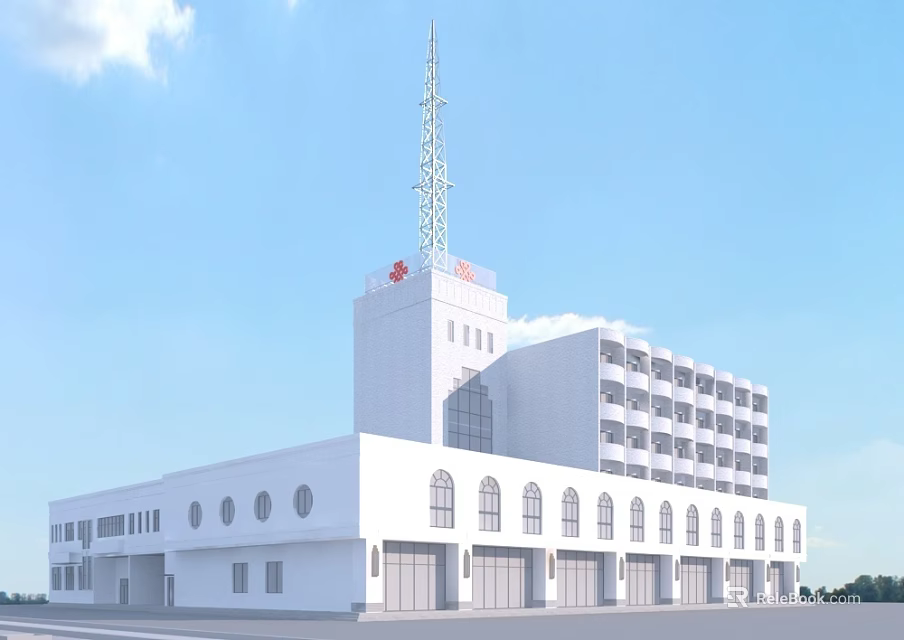 Modern White Office Building With Tall Tower And Red Logo Exterior 3d model 