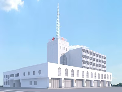 Modern White Office Building With Tall Tower And Red Logo Exterior 3d model
