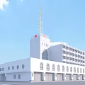 Modern White Office Building With Tall Tower And Red Logo Exterior