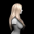 Game Film Female Character with Long Blond Curly Hair Reaching Chest on Black Background
