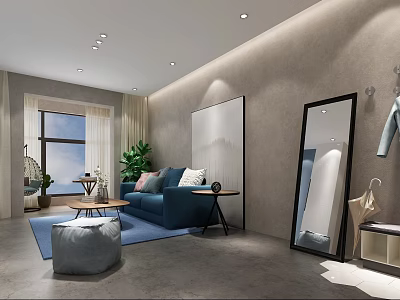 Modern Living Room With Stylish Pendant Light Blue Sofa And Green Plants 3d model
