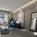 Modern Living Room With Stylish Pendant Light Blue Sofa And Green Plants