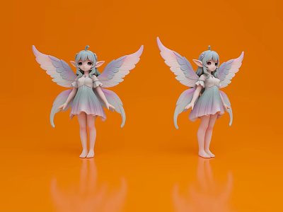 Two Fairy Dolls with Gray Hair Gradient Dress Pink White Gradient Wings on Orange Background 3d model