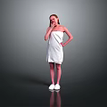 A Woman Wrapped in White Towel Standing with Hand on Cheek and White Slippers