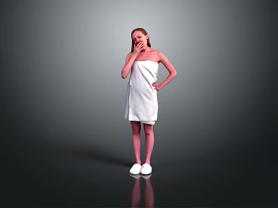 A Woman Wrapped in White Towel Standing with Hand on Cheek and White Slippers 3d model