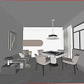 Hotel Mahjong Room With Modern Round Table Beige Chairs Pendant Light And Indoor Plant