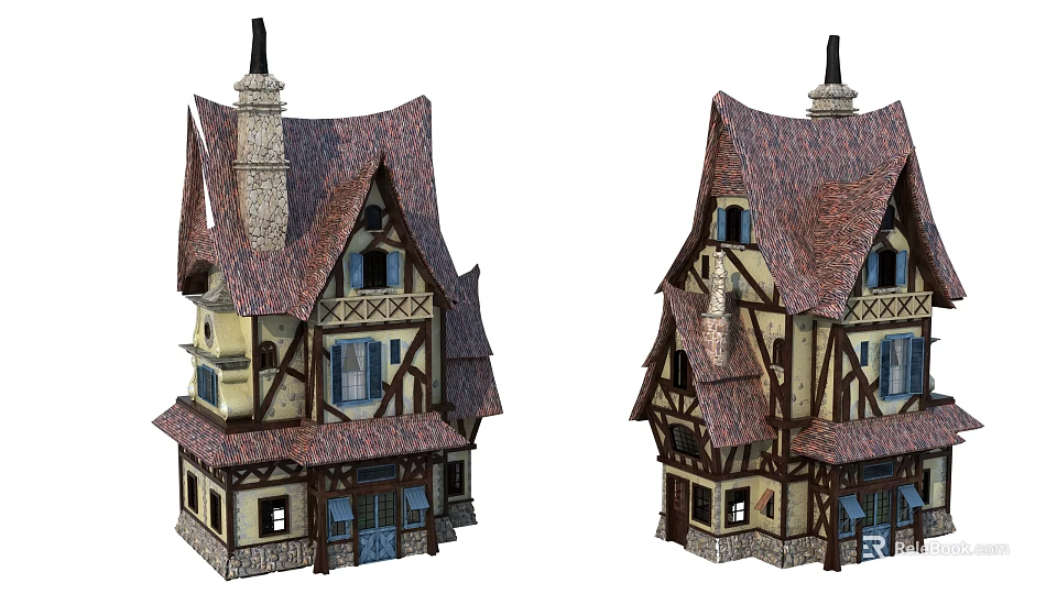 Charming Cartoon House With Pointed Tiled Roof Chimney Wooden Frame And Windows 3d model 