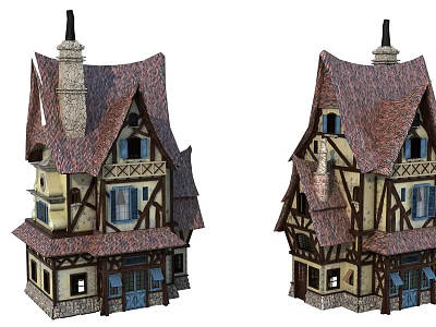 Charming Cartoon House With Pointed Tiled Roof Chimney Wooden Frame And Windows 3d model